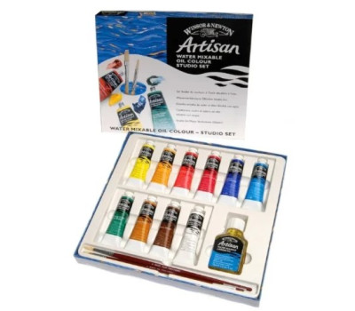 Набор водорастворимых масляных красок Winsor Newton Artisan, 10 цветов по 37 мл + льняное масло и кисть