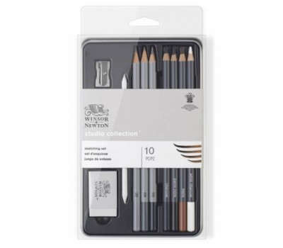 Подарочный набор для рисунка металлическом пенале Winsor Newton Sketching pensil tin (10 карандашей + аксессуары)