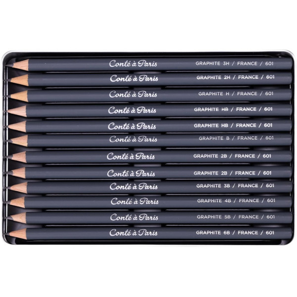 Набір графітних олівців Conte Drawing Set, 12 шт (3H-6B), в металевій упаковці