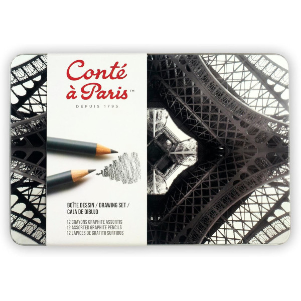 Набір графітних олівців Conte Drawing Set, 12 шт (3H-6B), в металевій упаковці