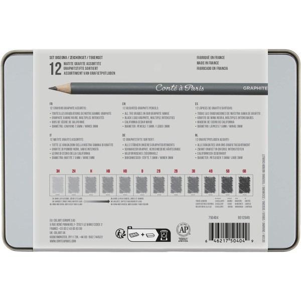 Набір графітних олівців Conte Drawing Set, 12 шт (3H-6B), в металевій упаковці