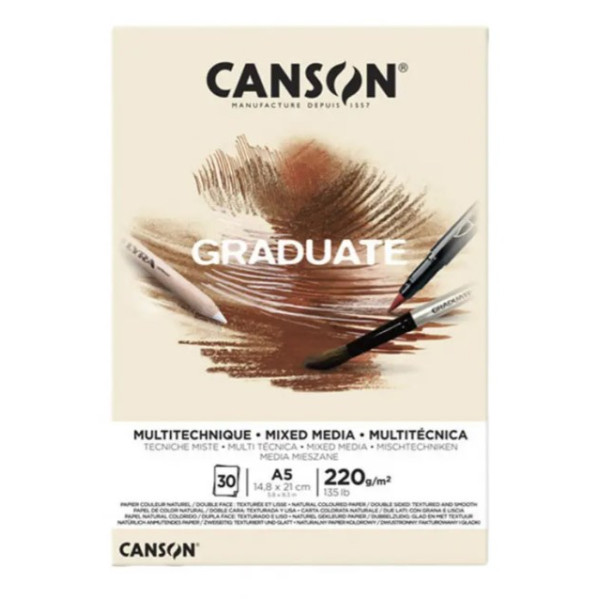 Альбом для змішаних технік, натуральний бежевий Canson Graduate Mix Media Natural 220 г/м2, А5 14,8х21 см, 30 листів