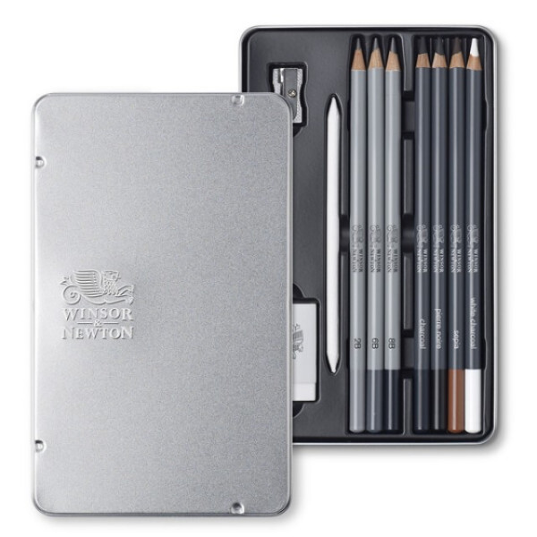 Подарунковий набір для малюнку металевому пеналі Winsor Newton Sketching pensil tin (10 олівців + аксесуари)