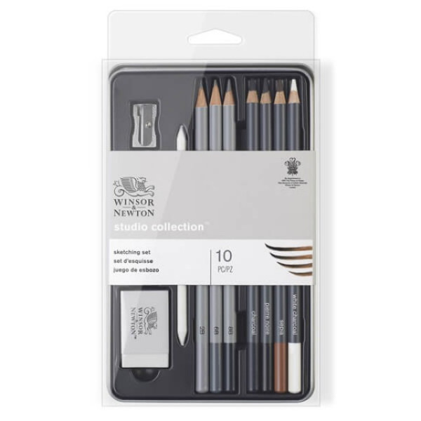 Подарунковий набір для малюнку металевому пеналі Winsor Newton Sketching pensil tin (10 олівців + аксесуари)