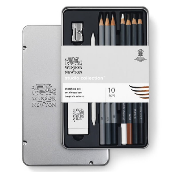 Подарунковий набір для малюнку металевому пеналі Winsor Newton Sketching pensil tin (10 олівців + аксесуари)