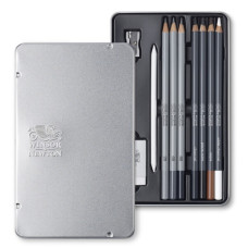 Подарочный набор для рисунка металлическом пенале Winsor Newton Sketching pensil tin (10 карандашей + аксессуары)