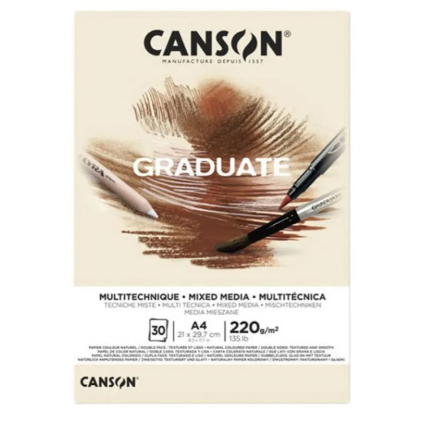 Альбом для смешанных техник, натуральный бежевый, Canson Graduate Mix Media Natural 220 г/м2, А4 21х29,7 см, 30 листов