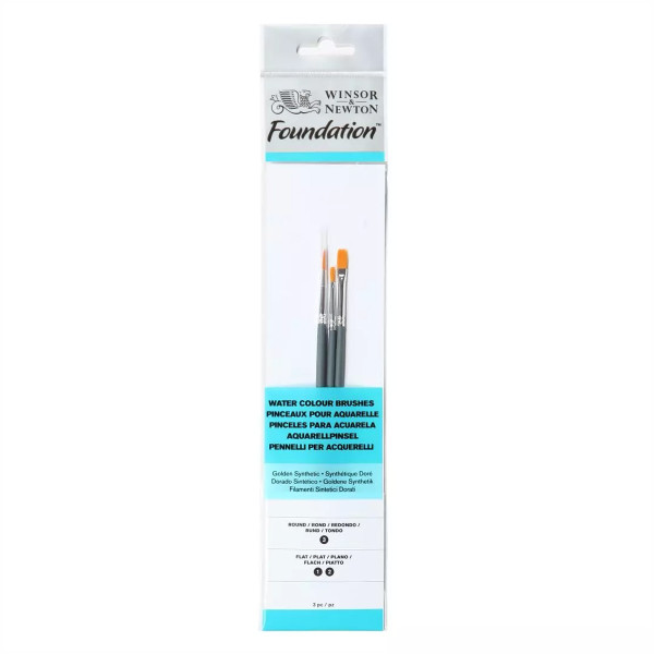 Набір пензлів синтетика Foundation Watercolor Brushes (3 шт: круглі №3, плоскі №1, 2), коротка ручка