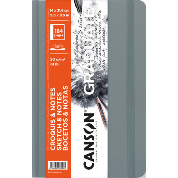 Блокнот Canson Graduate Sketch and Notes, жесткая обложка, 90 г, 14,8x21 см, 184 листов, Light grey