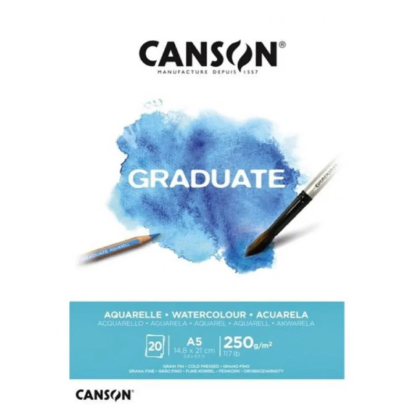 Альбом блок для акварелі, холодний прес Canson Graduate Watercolour 20 листів 250 г/м2, А5 14,8х21 см