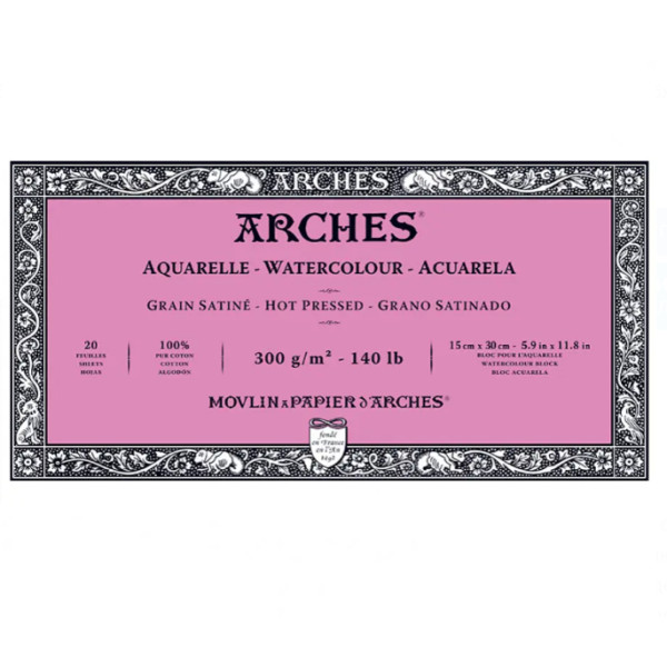 Блок бумаги для акварели Arches Hot Pressed Natural White 300 г, 15x30 см, 20 листов