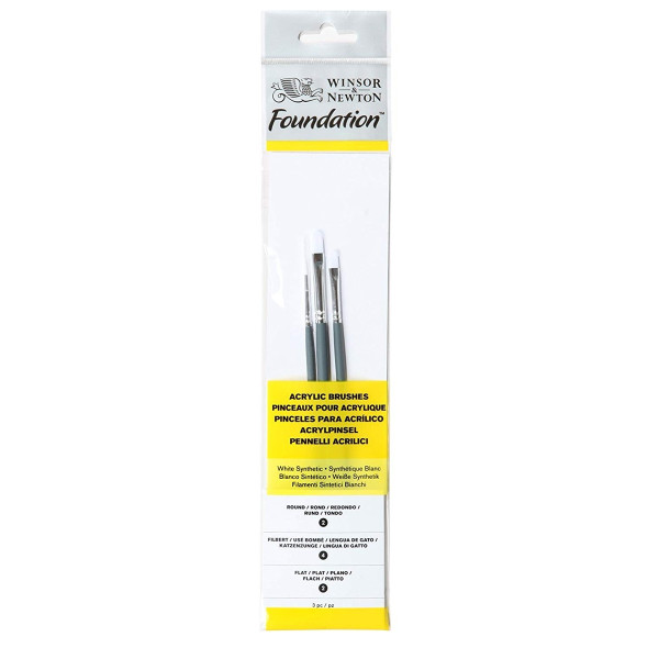 Набір пензлів синтетика Foundation Acrylic Brushes (3 шт: кругла №2, плоска №2, овал №4), коротка ручка