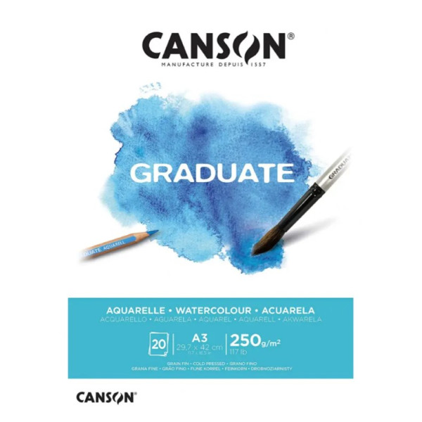 Альбом блок для акварелі, холодний прес Canson Graduate Watercolour 20 листів 250 г/м2, А3 29,7х42 см