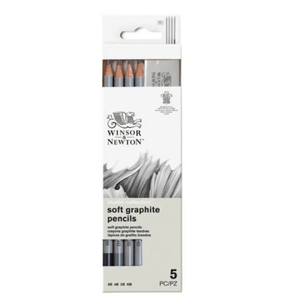 Набор графитных карандашей Winsor Newton Graphite Pencil Soft, 5 шт + резинка, в блистере