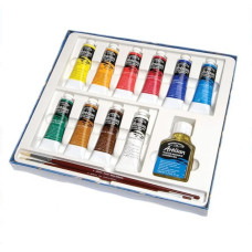 Набор водорастворимых масляных красок Winsor Newton Artisan, 10 цветов по 37 мл + льняное масло и кисть