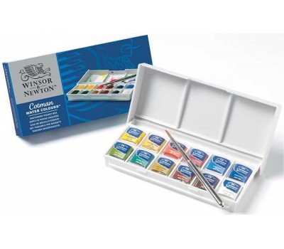 Карманный набор акварельных красок в пластиковой коробке Winsor Newton Cotman Half Pan Sketchers’ Pocket Box, 12 шт + кисть