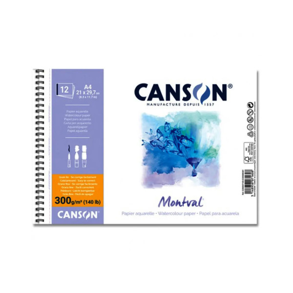 Альбом для акварелі на спіралі Canson Montval 300 г/м2, A4, 12 аркушів
