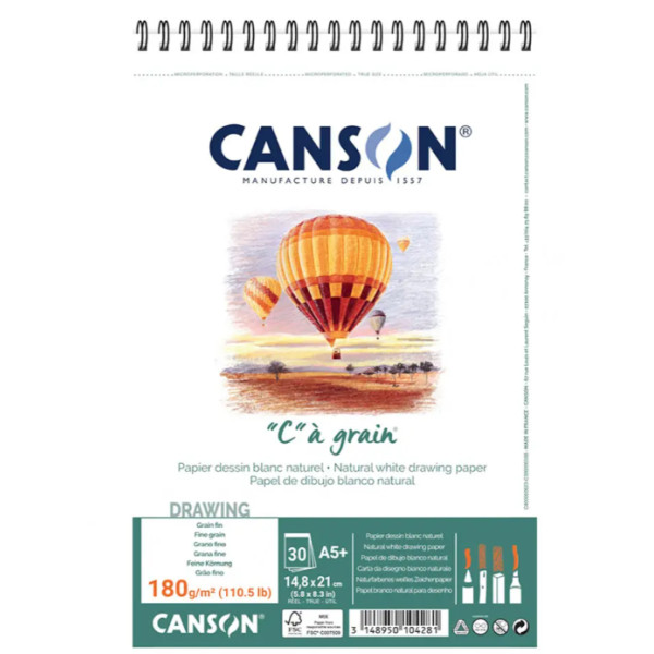 Альбом для эскизов на спирали "C" ? grain Fine grain 180 г, 14,8x21 см - A5, 30 листов, Canson