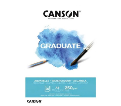 Альбом блок для акварели, холодный пресс, Canson Graduate Watercolour 20 листов 250 г/м2, А5 14,8х21 см