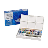Тревел набор акварельных красок Winsor Newton Cotman Half Pan HaLf Pan Studio Set, 16 шт + кисть