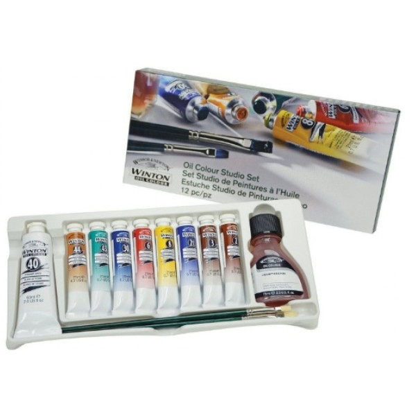 Winsor набор красок масляных Winton Studio Set, 8х21 мл + белила 60 мл, растворитель + кисти арт. 1490691