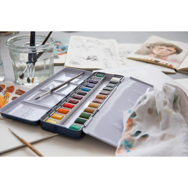 Набір акварельних фарб Lefranc Fine Watercolour Set Half Pans, напівквітка, 24 кол., в металевій упаковці