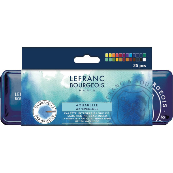 Набір акварельних фарб Lefranc Fine Watercolour Set Half Pans, напівквітка, 24 кол., в металевій упаковці