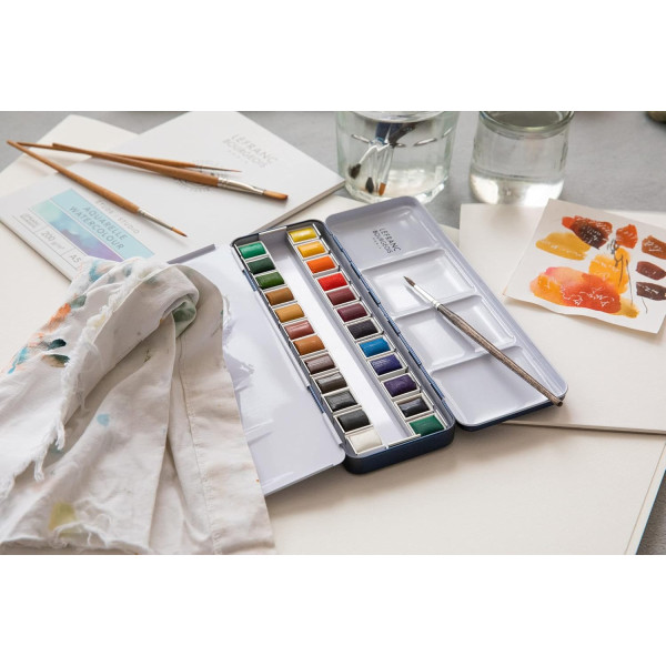 Набір акварельних фарб Lefranc Fine Watercolour Set Half Pans, напівквітка, 24 кол., в металевій упаковці
