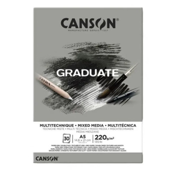 Альбом для змішаних технік Canson Graduate Mix Media Grey 220 г/м2, А5 14,8 х21 см, 30 аркушів