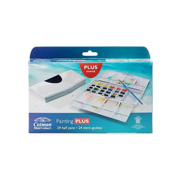 Набор акварельных красок в пластиковой коробке + кисть Winsor Newton Cotman 24 цвета