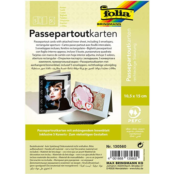 Заготовка для открытки паспарту квадратным Folia, 220 г/м2, 10,5x15 см, № 60 Silver Серебряный