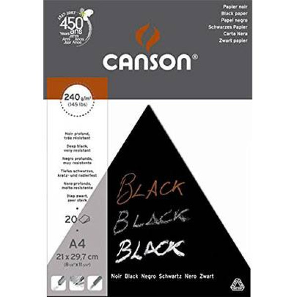 Блок чорного паперу для нарисів Canson Black 240 г/м2, A4, 20 аркушів