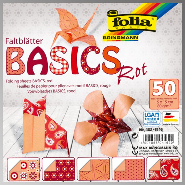 Папір для орігамі Folia Folding Papers 15x15 см, 50 аркушів, 80 г/м2, червоний